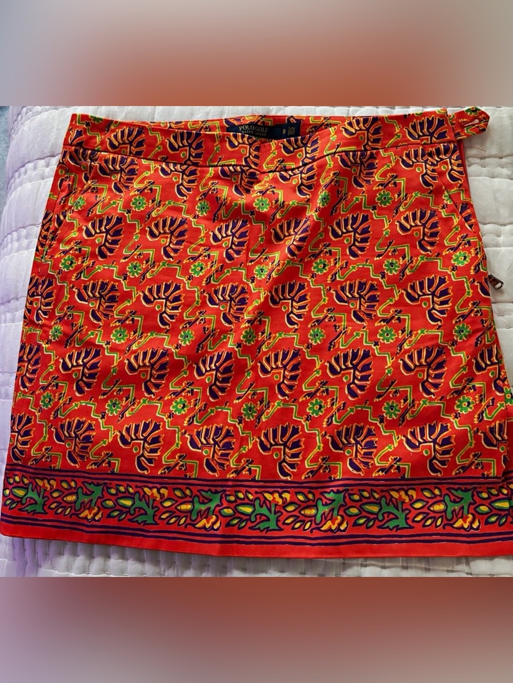 Polo Golf Ralph Lauren Women’s Skort, vibrant Orange w/ Purple/Green Design, 8